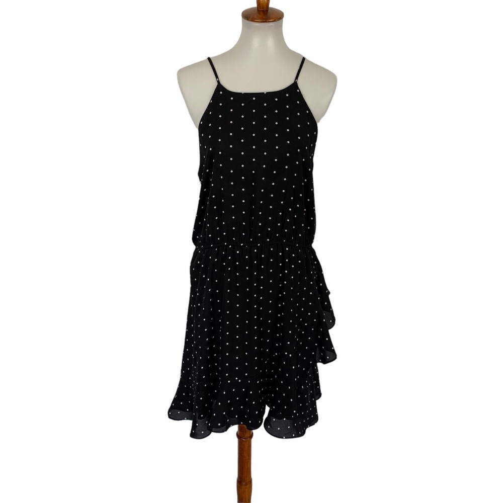 Abound Polka Dot Mini Dress Large Black White Sleeveless Ruffle Hem Retro Y2K